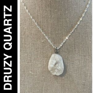 Natural White Druzy Geode 16”L Necklace - Sparkling "Frozen Snow" Raw Stone
